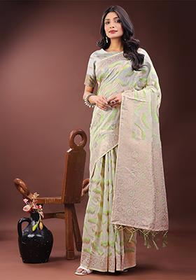 Light Green Woven Zari Work Linen Cotton Saree Set