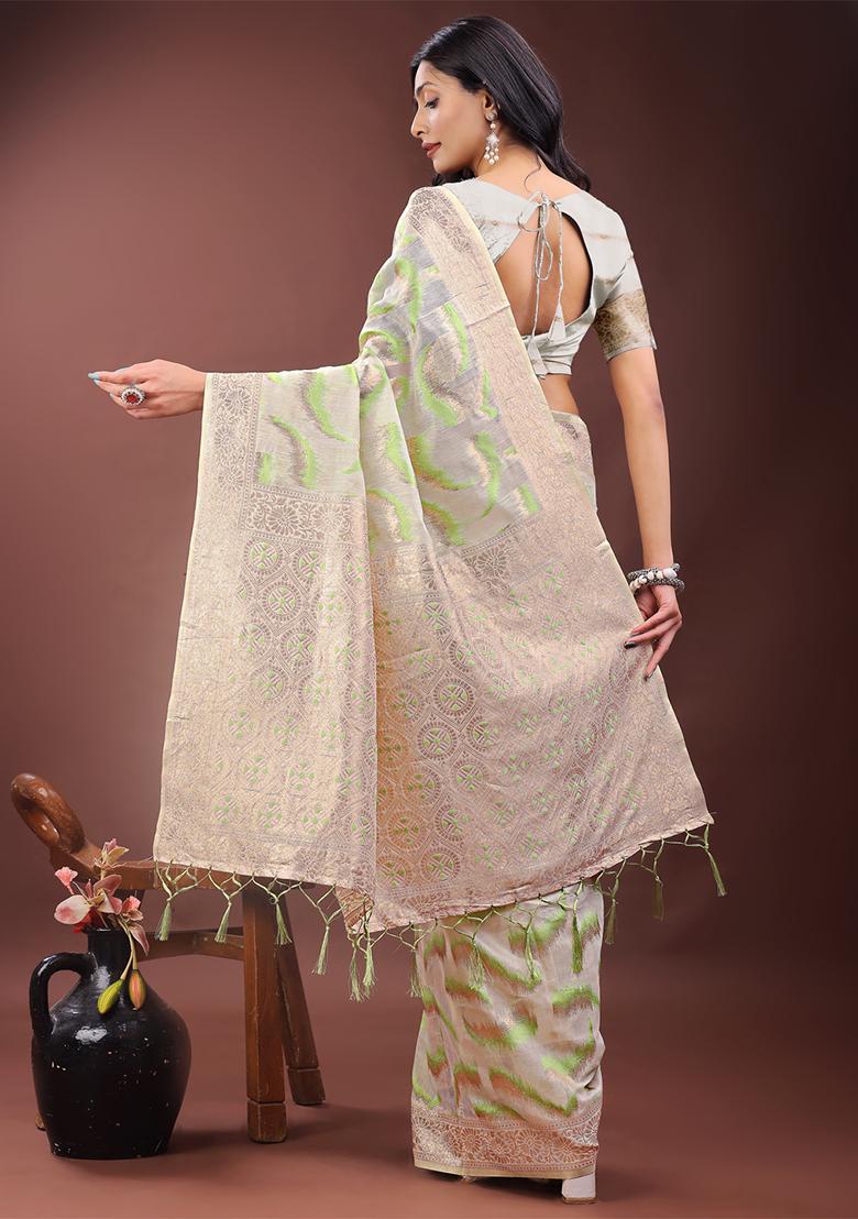 Light Green Woven Zari Work Linen Cotton Saree Set