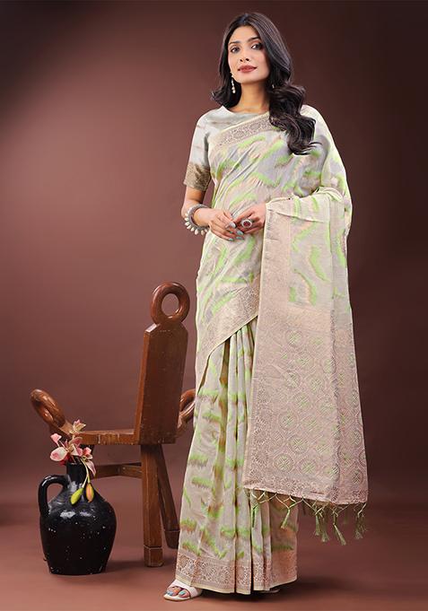 Light Green Woven Zari Work Linen Cotton Saree Set