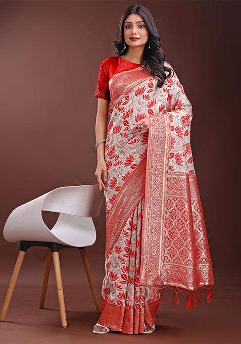 Red Woven Zari Work Linen Cotton Saree Set