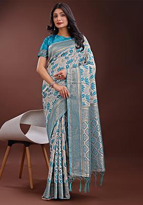 Sea Green Woven Zari Work Linen Cotton Saree Set
