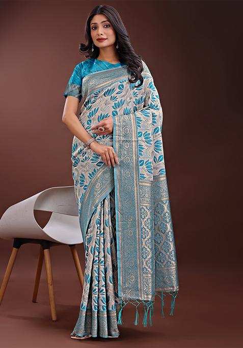 Sea Green Woven Zari Work Linen Cotton Saree Set