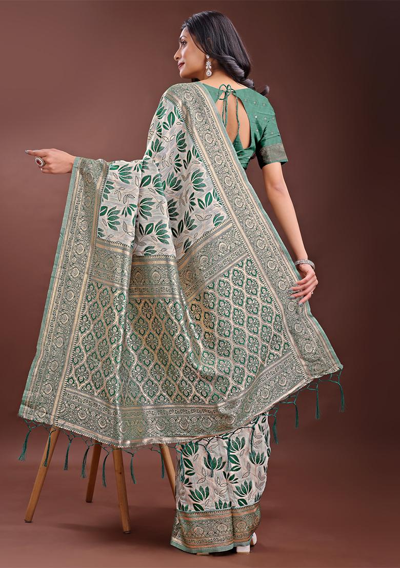 Green Woven Zari Work Linen Cotton Saree Set