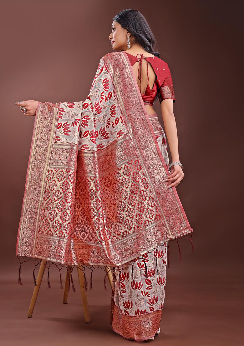 Maroon Woven Zari Work Linen Cotton Saree Set