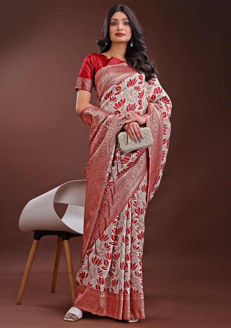 Maroon Woven Zari Work Linen Cotton Saree Set