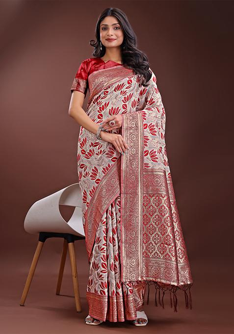 Maroon Woven Zari Work Linen Cotton Saree Set