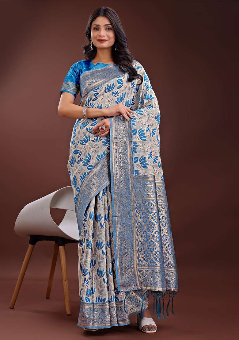 Sky Blue Woven Zari Work Linen Cotton Saree Set - Indya