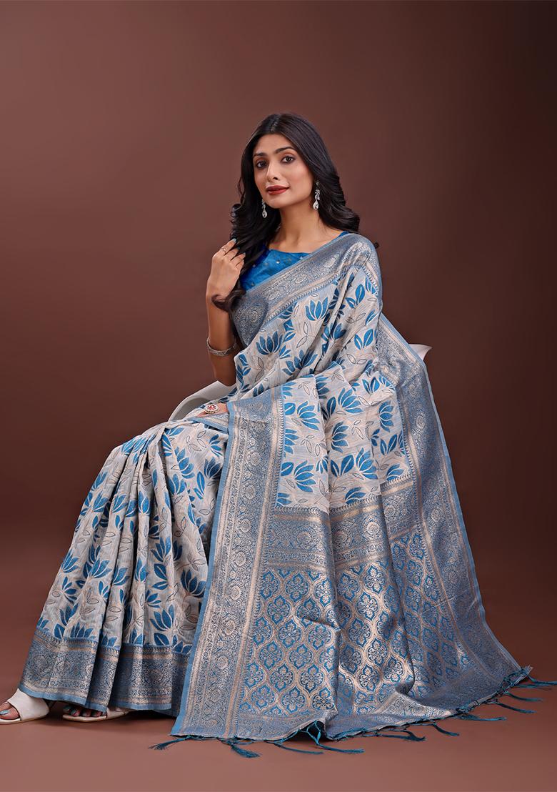 Sky Blue Woven Zari Work Linen Cotton Saree Set
