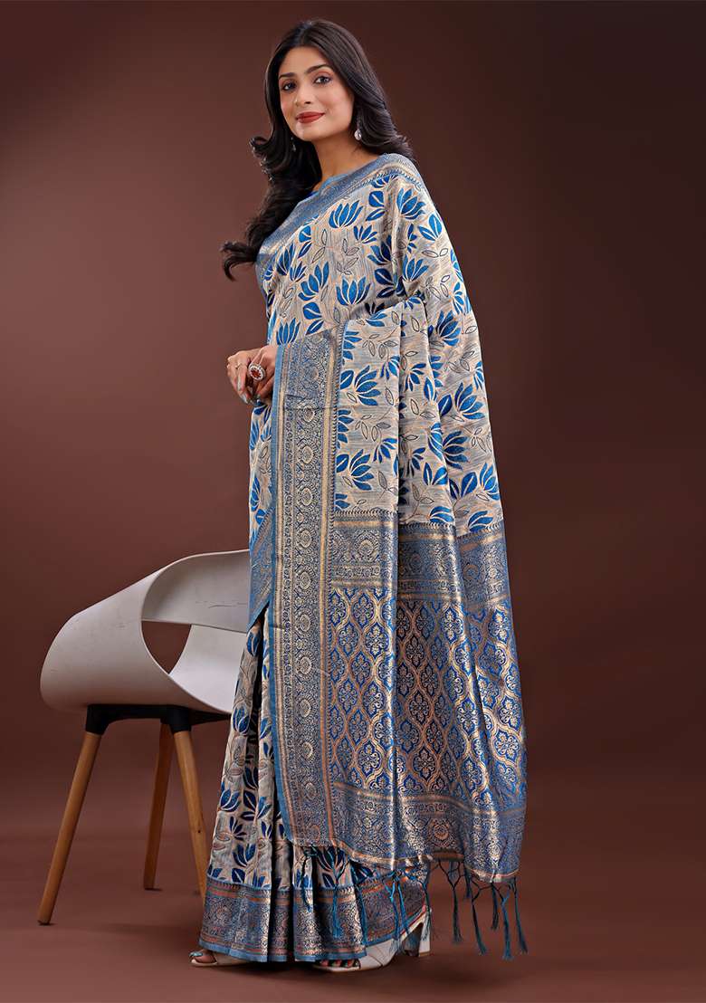 Sky Blue Woven Zari Work Linen Cotton Saree Set - Indya