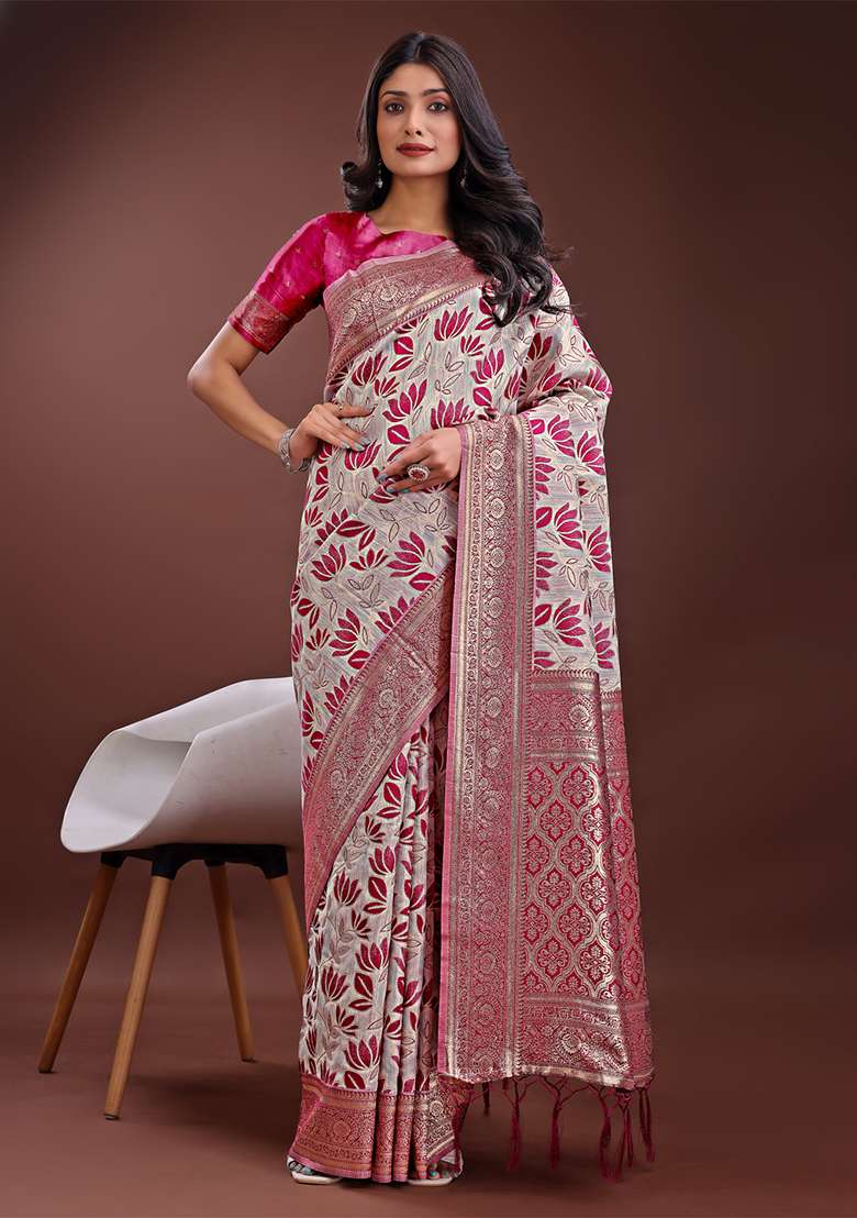 Purple Woven Zari Work Linen Cotton Saree Set - Indya