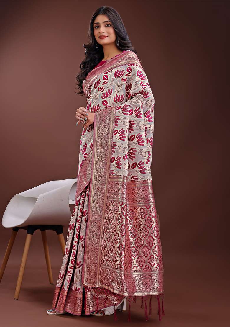 Purple Woven Zari Work Linen Cotton Saree Set - Indya