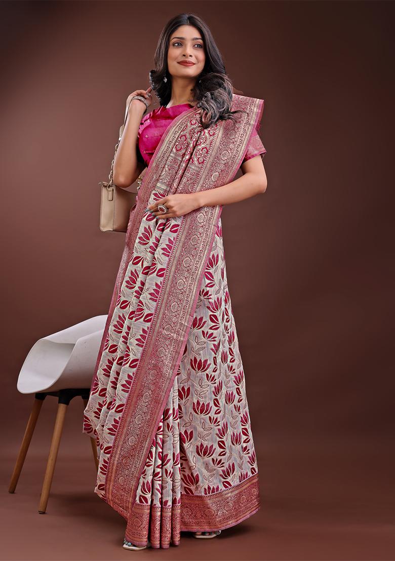 Purple Woven Zari Work Linen Cotton Saree Set