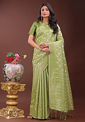 Green Woven Zari Work Cotton Saree Set