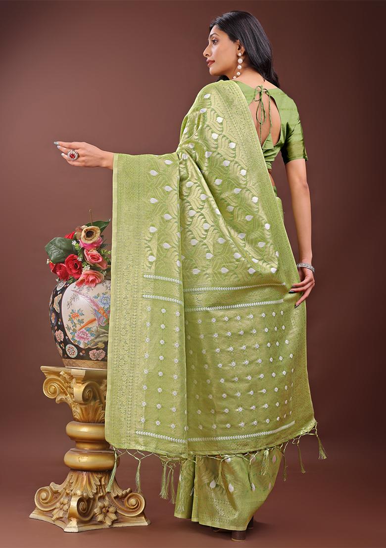 Green Woven Zari Work Cotton Saree Set