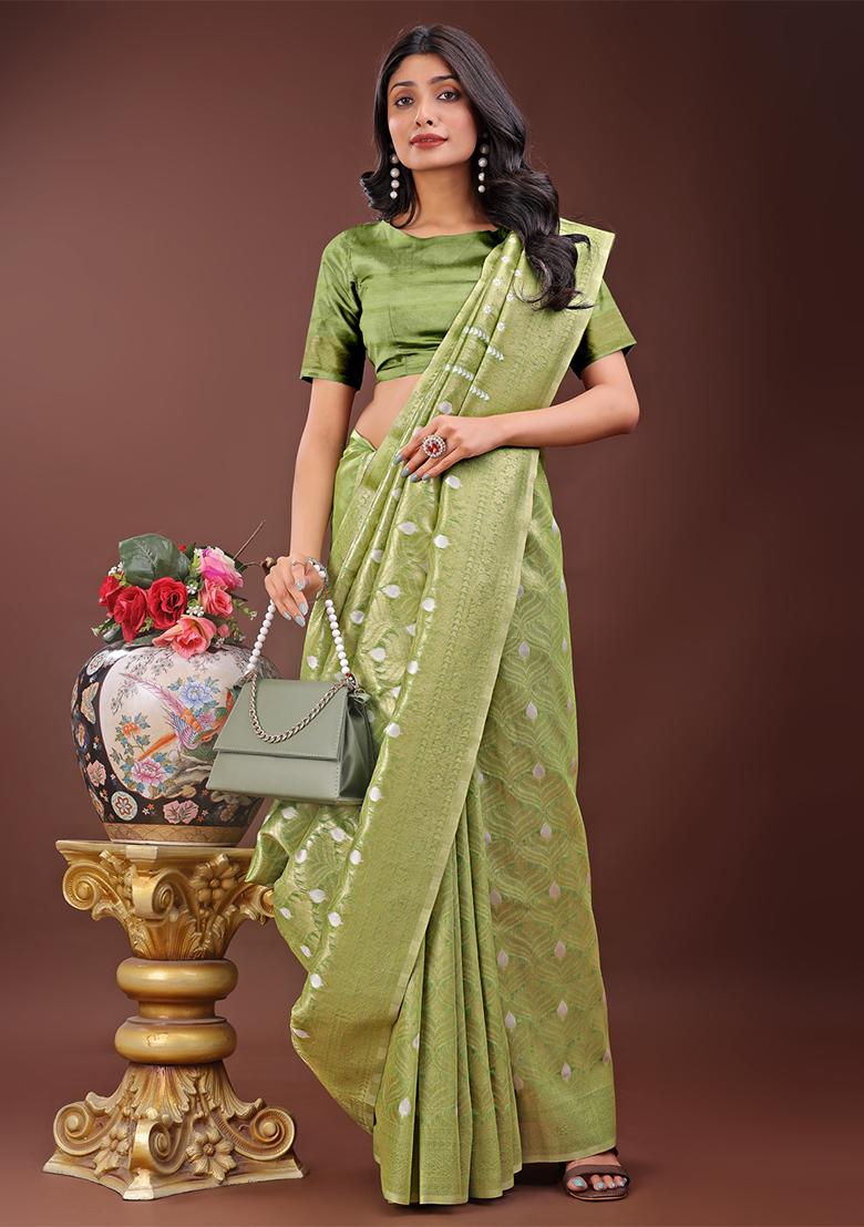 Green Woven Zari Work Cotton Saree Set