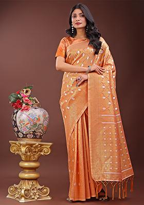 Peach Woven Zari Work Cotton Saree Set