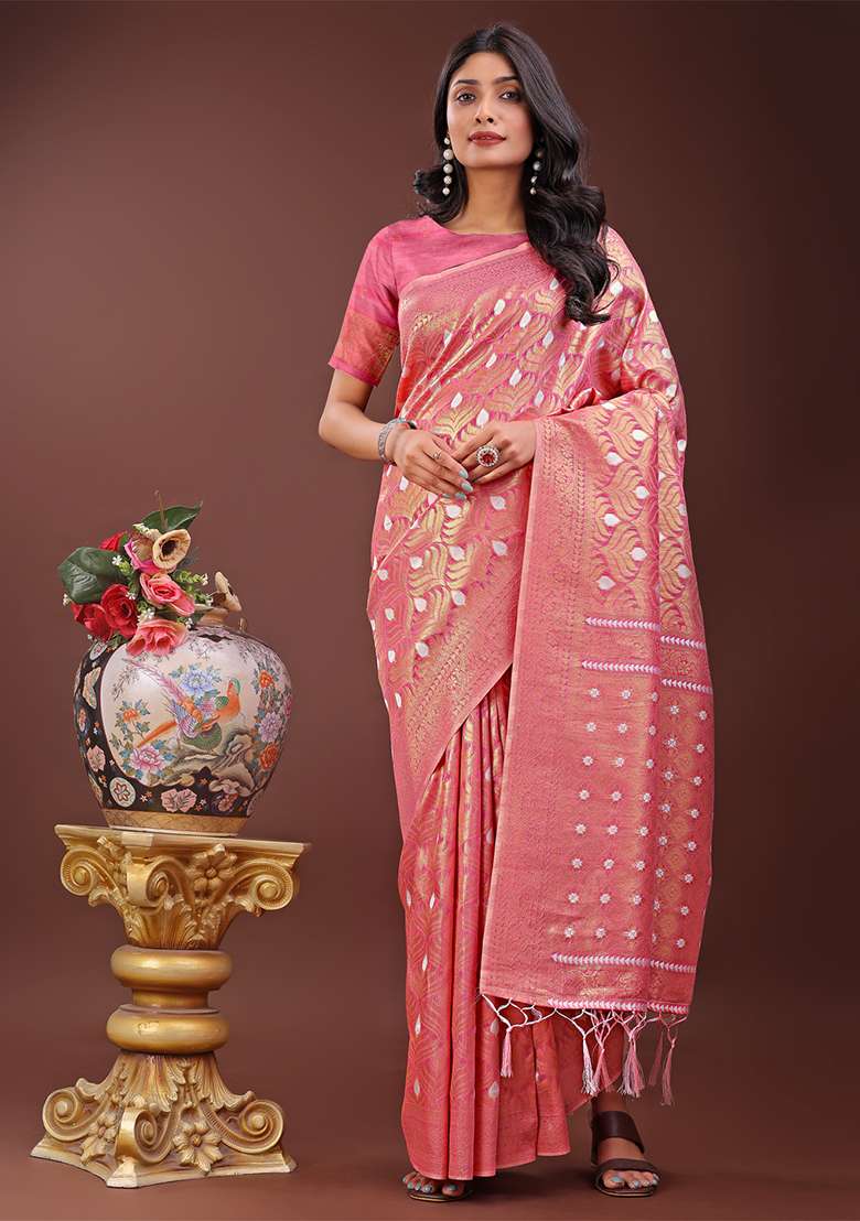 Pink Woven Zari Work Cotton Saree Set - Indya