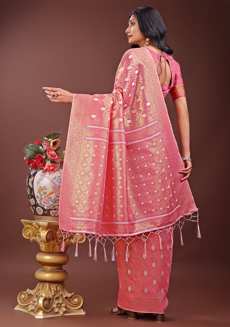 Pink Woven Zari Work Cotton Saree Set