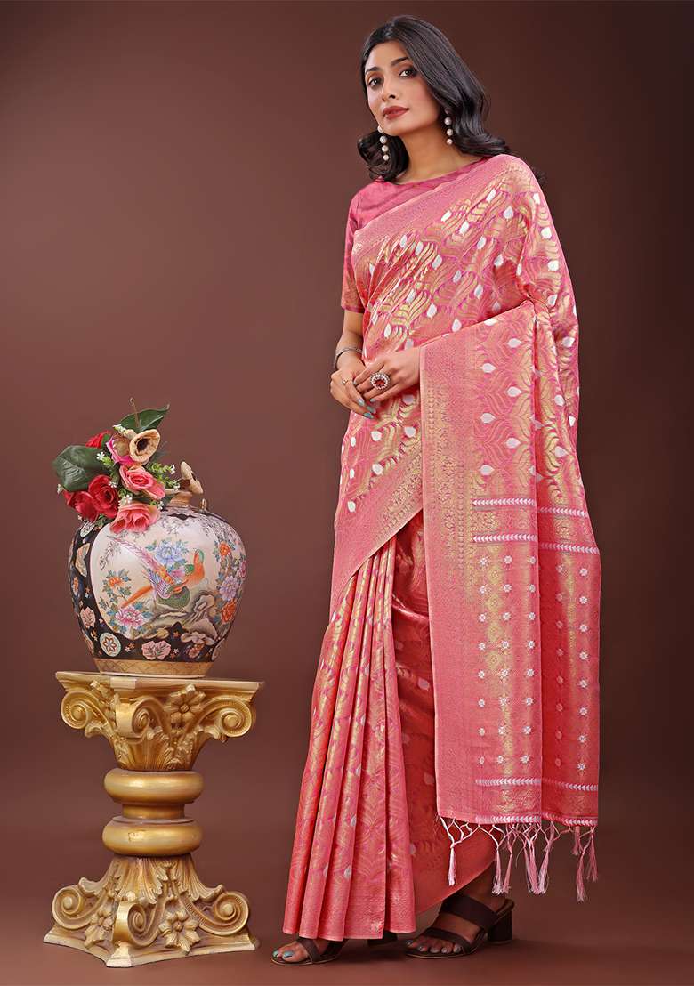 Pink Woven Zari Work Cotton Saree Set - Indya