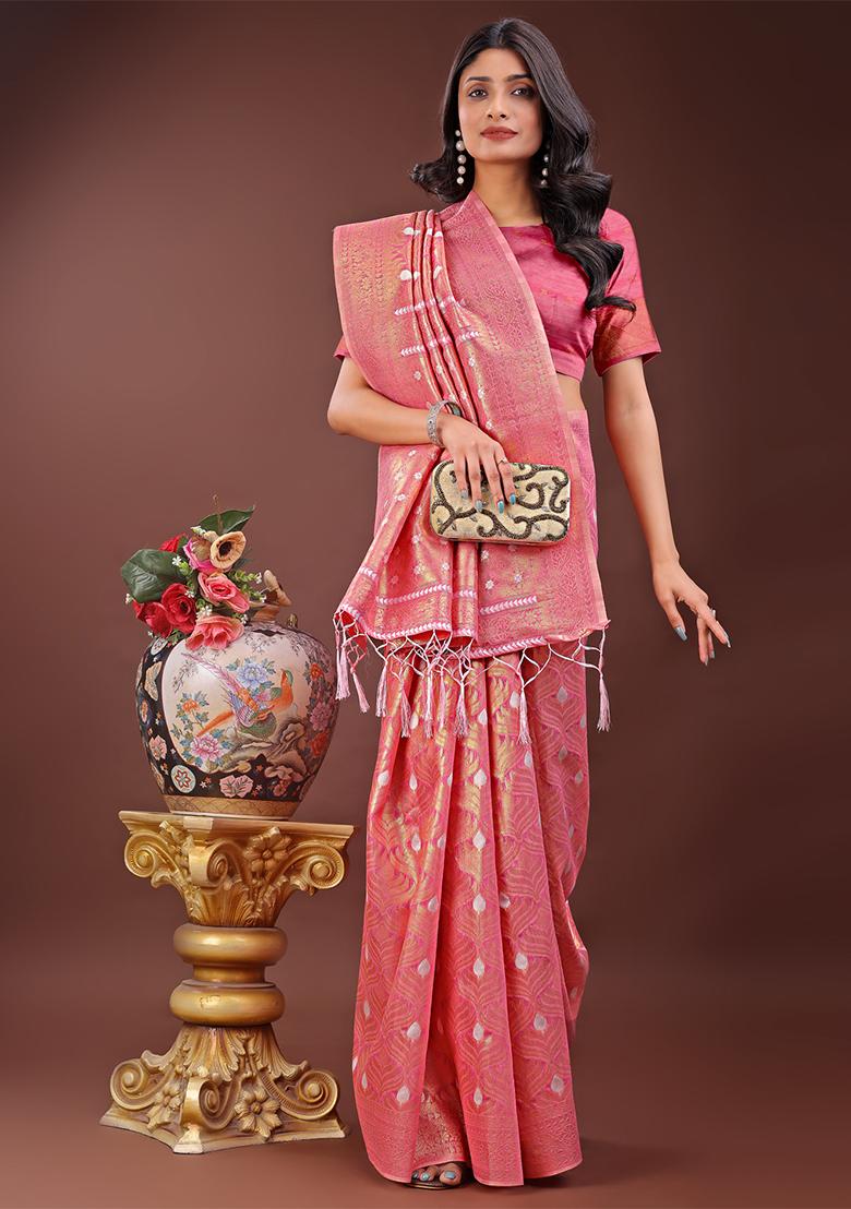 Pink Woven Zari Work Cotton Saree Set