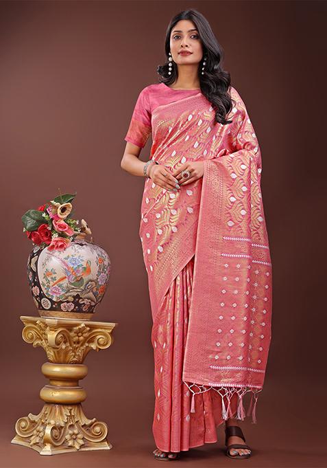 Pink Woven Zari Work Cotton Saree Set