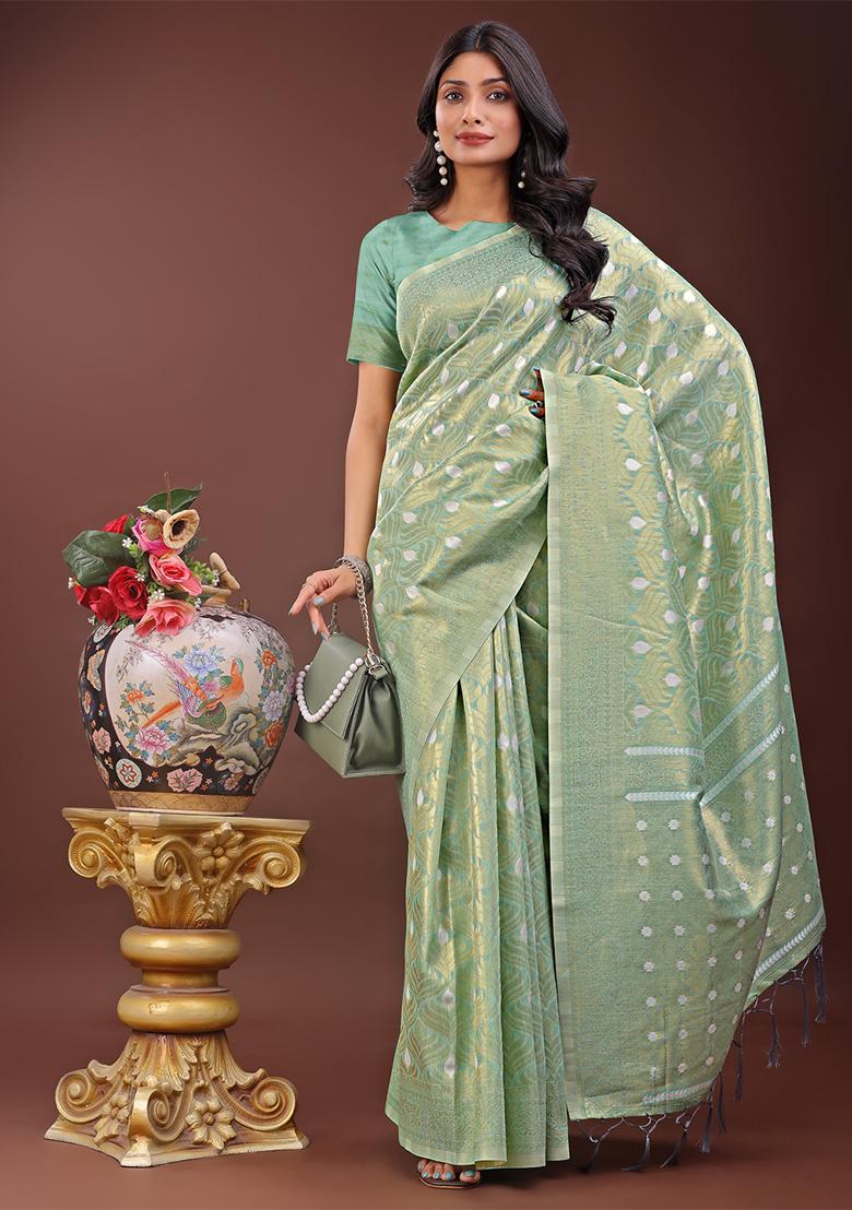 Teal Blue Woven Zari Work Cotton Saree Set
