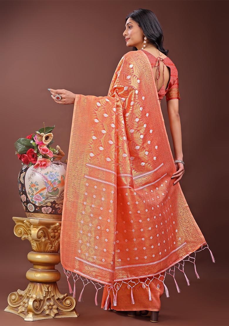 Orange Woven Zari Work Cotton Saree Set