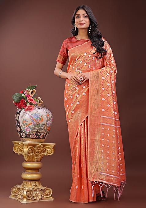 Orange Woven Zari Work Cotton Saree Set