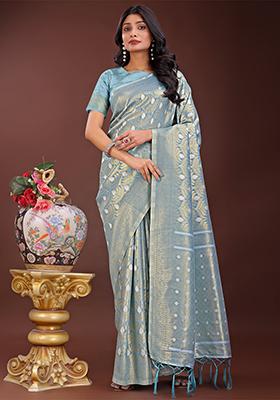 Sky Blue Woven Zari Work Cotton Saree Set