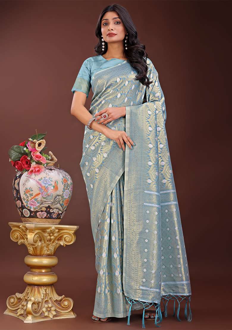 Sky Blue Woven Zari Work Cotton Saree Set - Indya