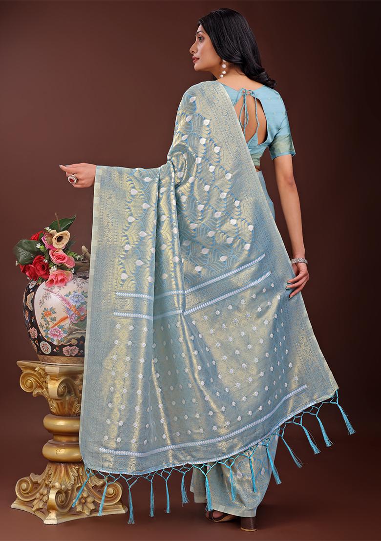 Sky Blue Woven Zari Work Cotton Saree Set