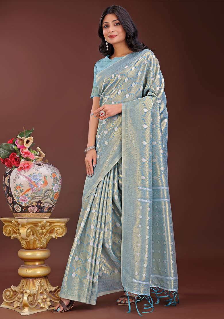 Sky Blue Woven Zari Work Cotton Saree Set - Indya