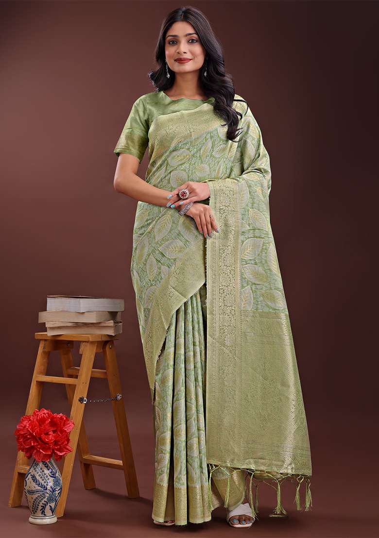 Light Green Woven Zari Work Cotton Saree Set - Indya