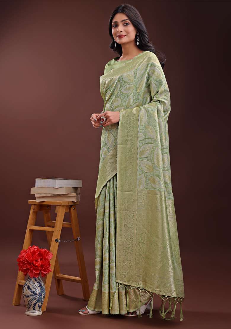 Light Green Woven Zari Work Cotton Saree Set - Indya