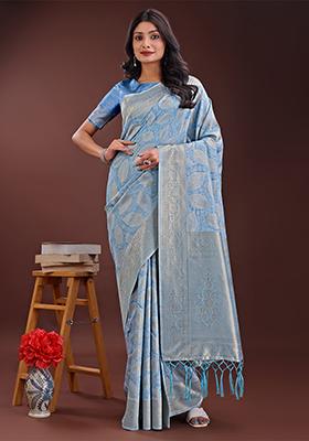 Sky Blue Woven Zari Work Cotton Saree Set