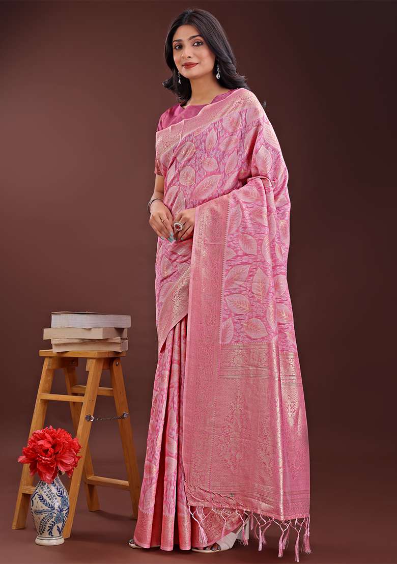 Pink Woven Zari Work Cotton Saree Set - Indya