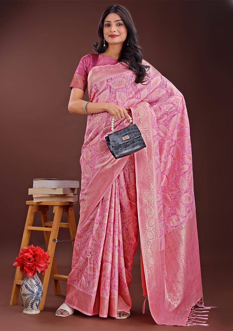 Pink Woven Zari Work Cotton Saree Set