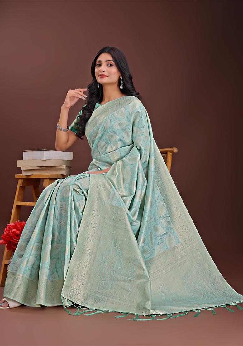 Sea Green Woven Zari Work Cotton Saree Set