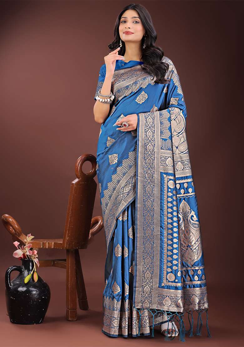 Sky Blue Woven Zari Work Silk Saree Set - Indya