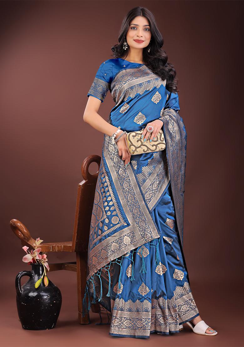 Sky Blue Woven Zari Work Silk Saree Set