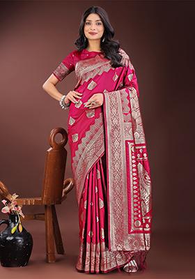 Magenta Woven Zari Work Silk Saree Set