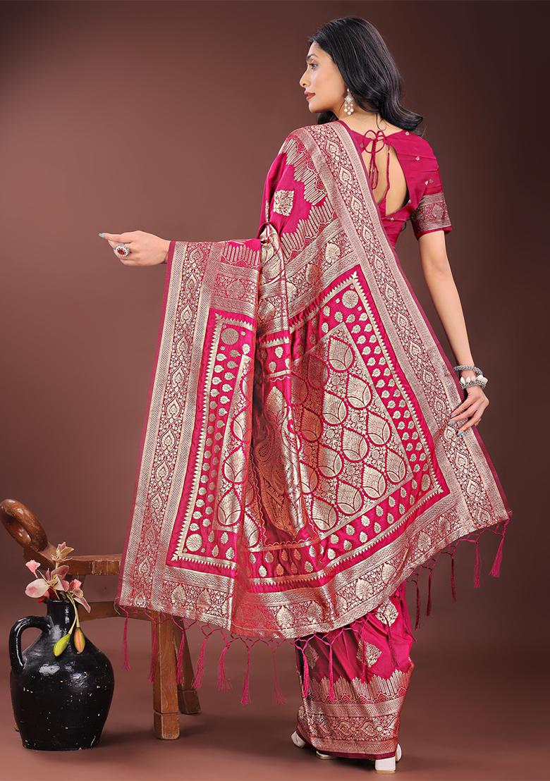 Magenta Woven Zari Work Silk Saree Set