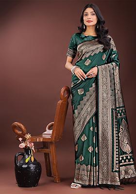 Green Woven Zari Work Silk Saree Set