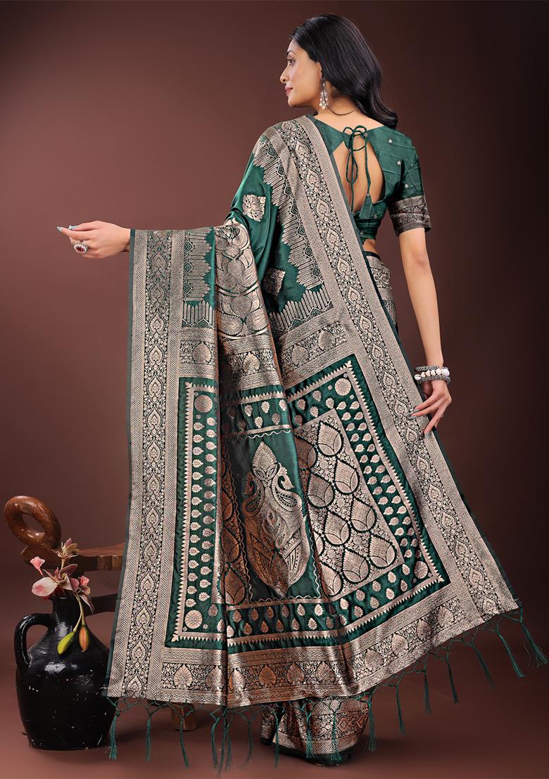 Green Woven Zari Work Silk Saree Set