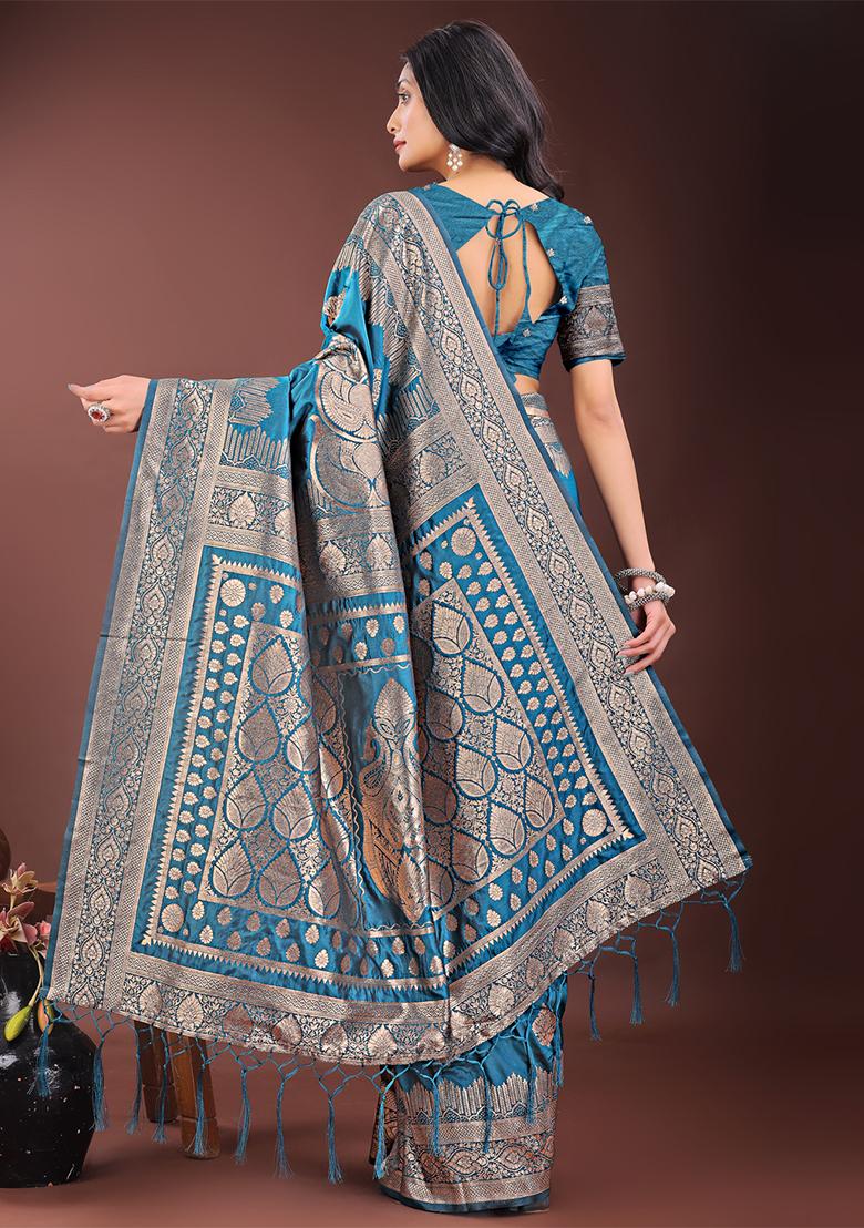 Teal Blue Woven Zari Work Silk Saree Set