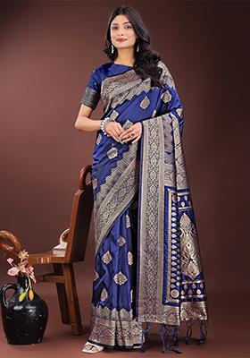 Navy Blue Woven Zari Work Silk Saree Set