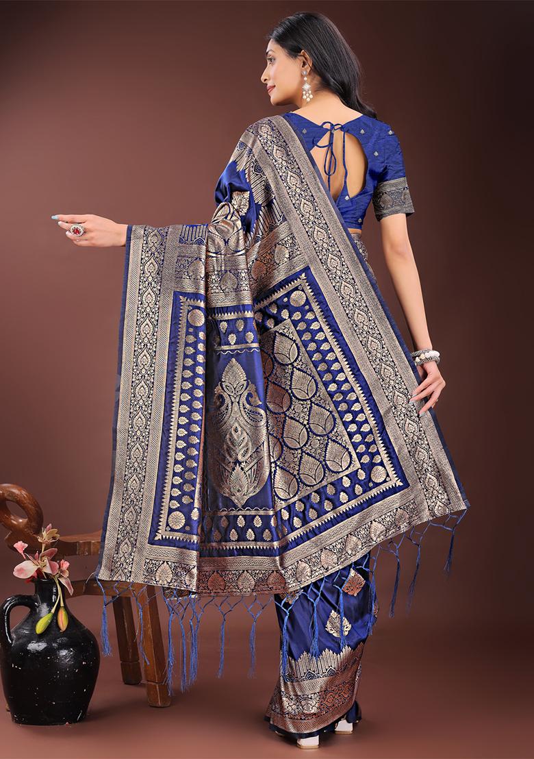 Navy Blue Woven Zari Work Silk Saree Set