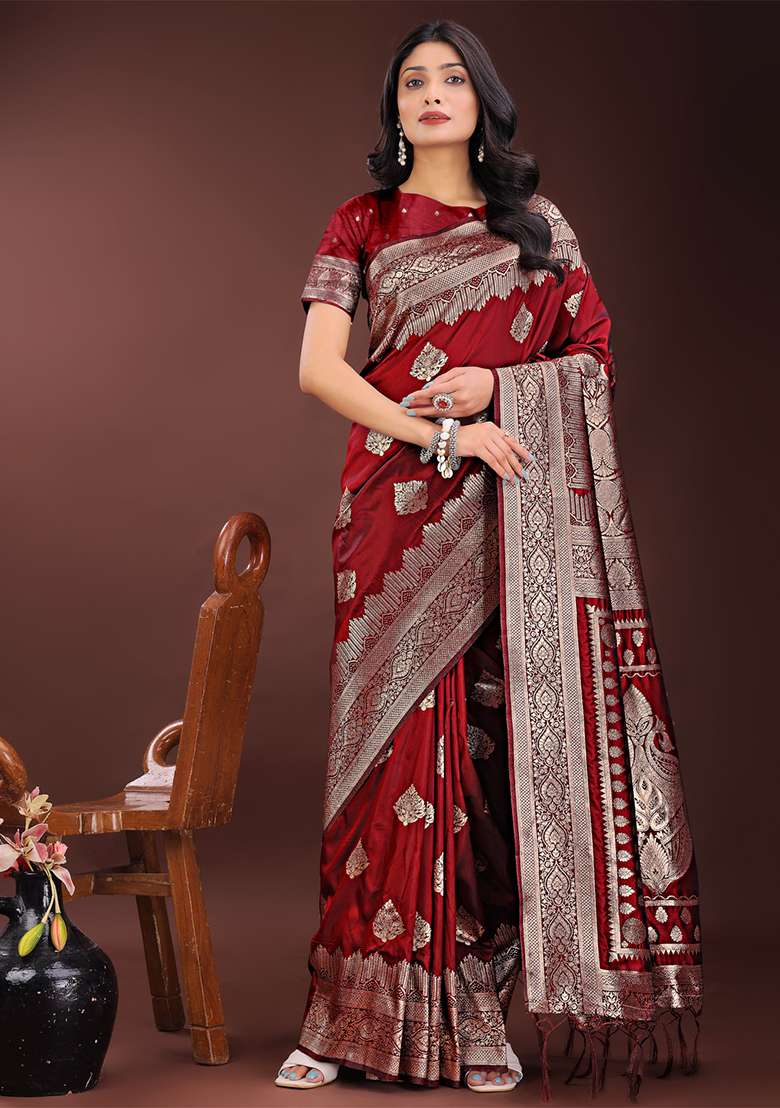 Maroon Woven Zari Work Silk Saree Set - Indya
