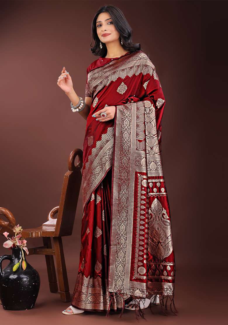Maroon Woven Zari Work Silk Saree Set - Indya