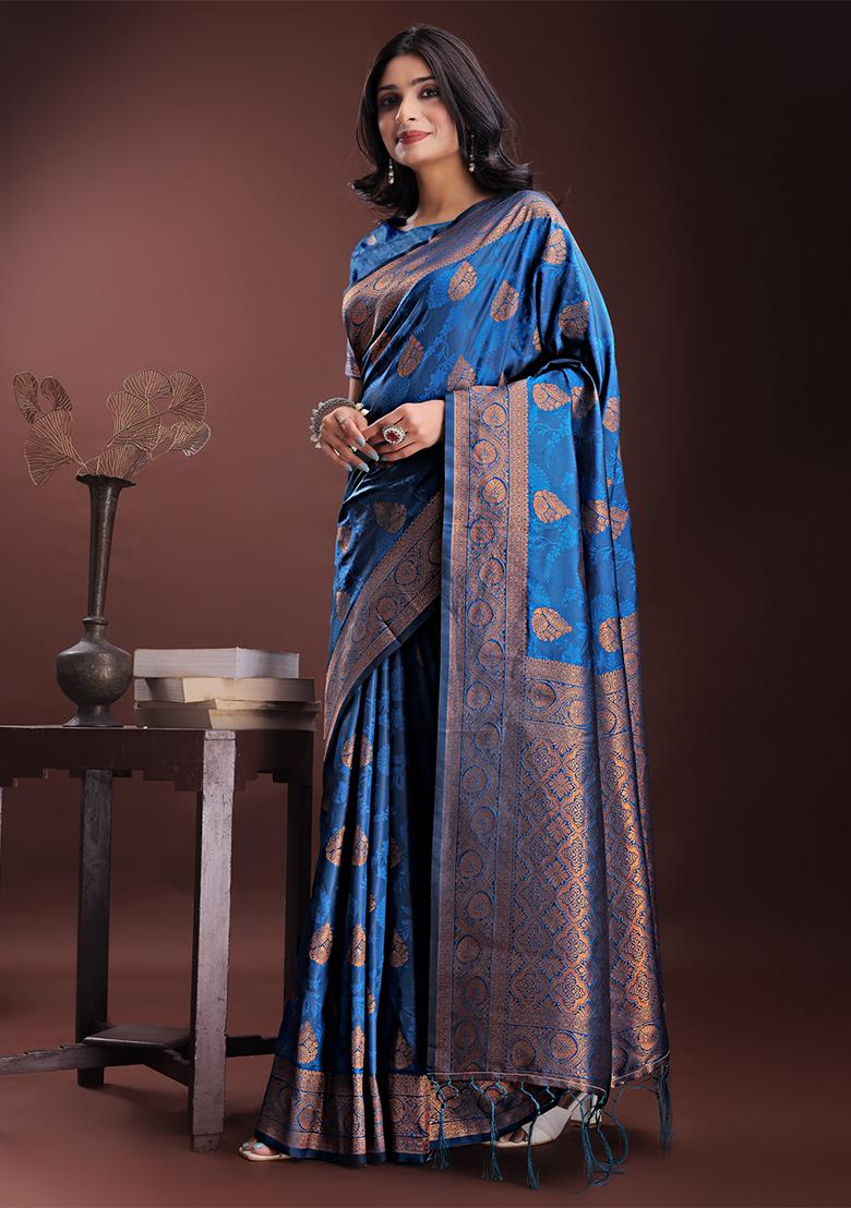 Blue Woven Zari Work Silk Saree Set